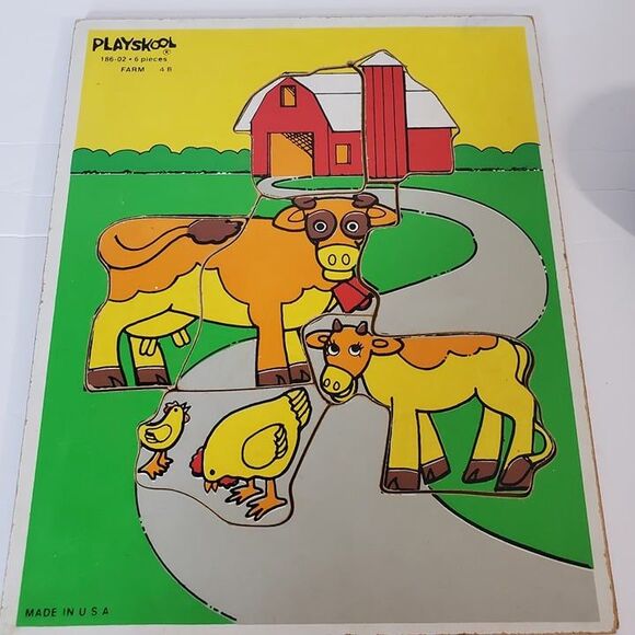 Vintage 80s Playskool Farm Animals Wooden Puzzle Kids Preschool Learning - Picture 1 of 8